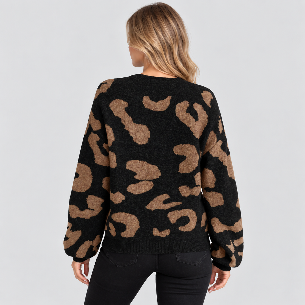 Leopardmønstret Sweater til Damer - Rund Hals, Lange Ærmer