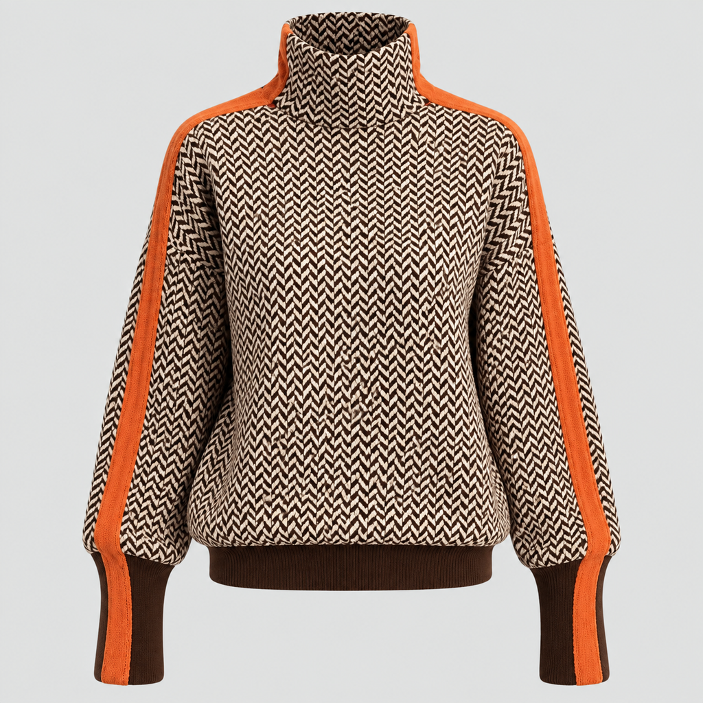 Strikket Sweater til Damer - Kontraststribe med Høj Krave