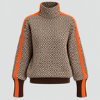 Strikket Sweater til Damer - Kontraststribe med Høj Krave