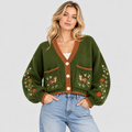 Broderet Cardigan til Damer - Kontrastkant, Blomster- og Hjortemotiv