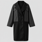 Lang Colorblock Frakke til Damer - Dobbeltradet, Denimlook Paneler