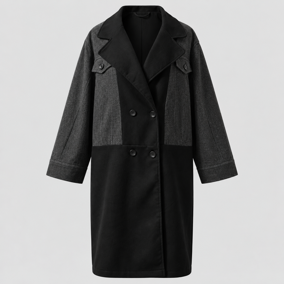 Lang Colorblock Frakke til Damer - Dobbeltradet, Denimlook Paneler