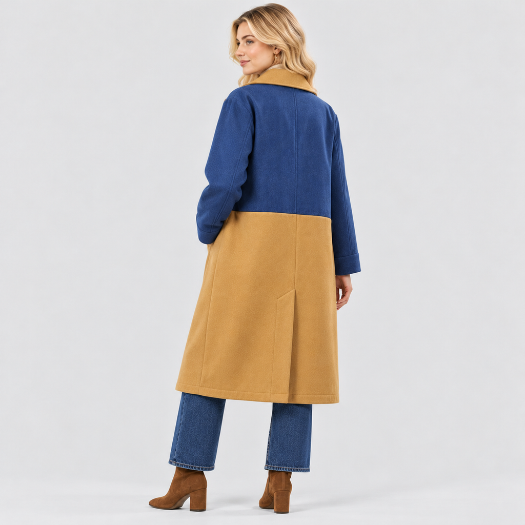 Lang Colorblock Frakke til Damer - Dobbeltradet, Denimlook Paneler
