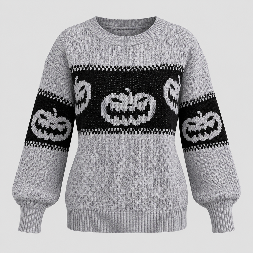 Græskarsweater til Damer - Strik med Uhyggeligt Ansigt til Halloween
