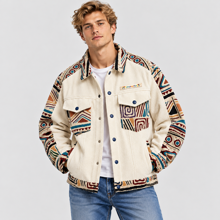Herrer Aztekerprintet Denimjakke - Klassisk Krave, Brystlommer