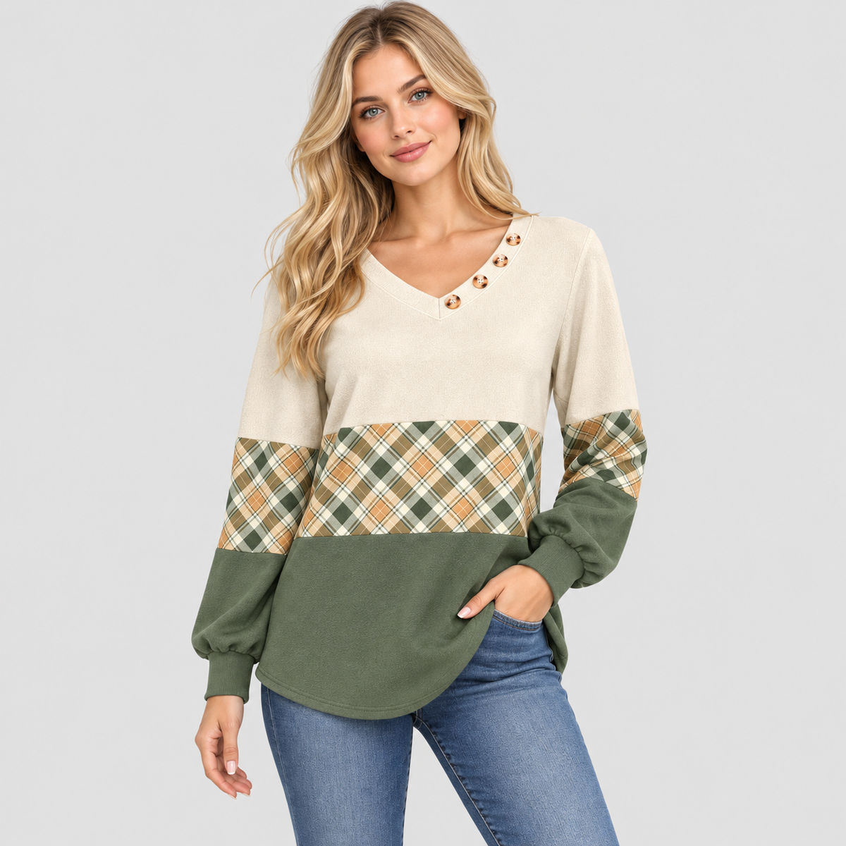 Strikket Sweater til Damer - Ternet Panel, Lange Ærmer