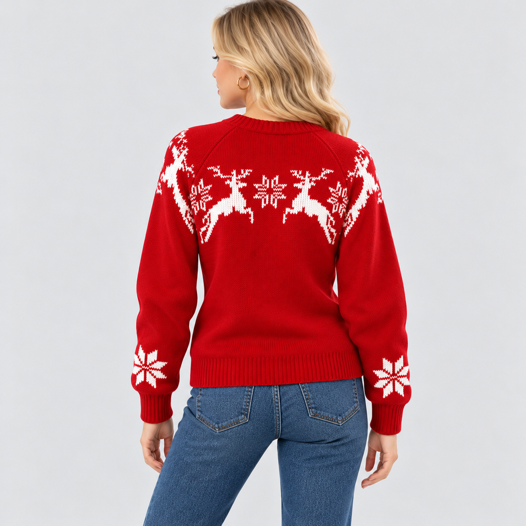 Julesweater med Rensdyr til Damer - Snefnugsstrik, Rund Hals