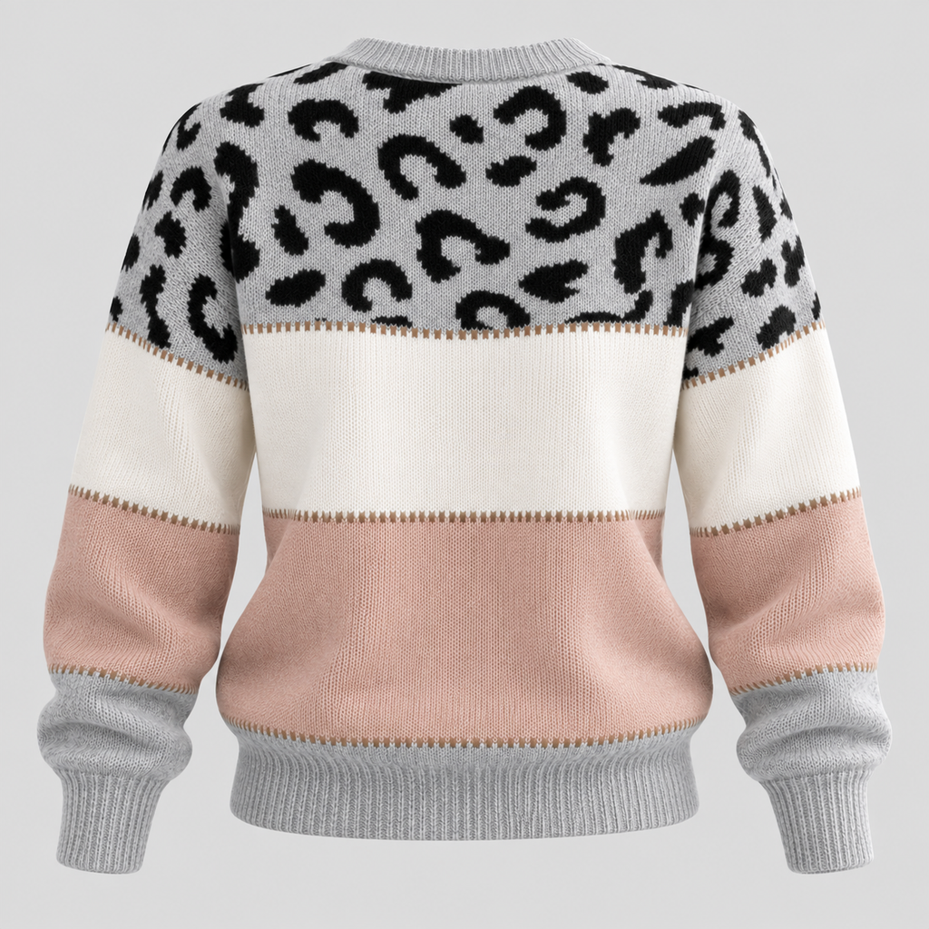 Strikket Sweater til Damer - Leopardprint med Colorblock-Felter