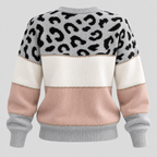 Strikket Sweater til Damer - Leopardprint med Colorblock-Felter