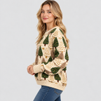 Fyrretræsprintet Sweater - Rund Hals, Oversized Strik