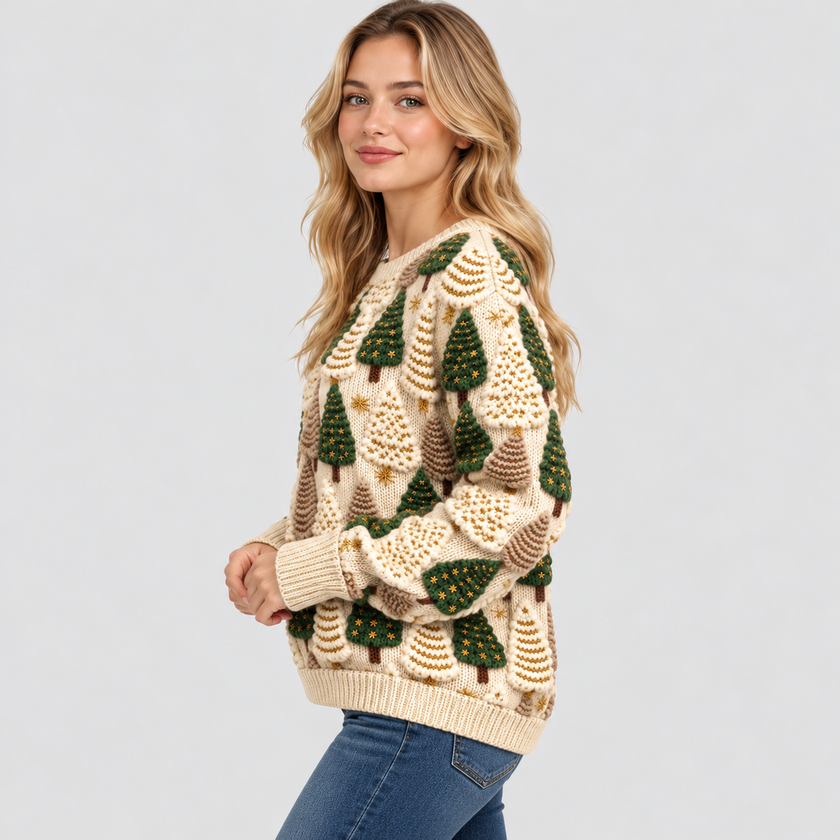 Fyrretræsprintet Sweater - Rund Hals, Oversized Strik
