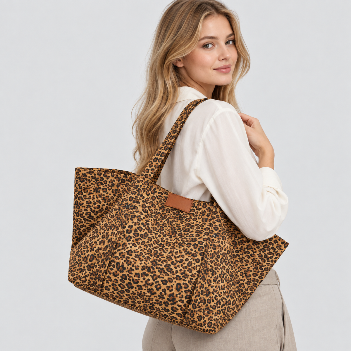 Oversized Leopardprintet Canvastaske - Rummelig Skuldertaske