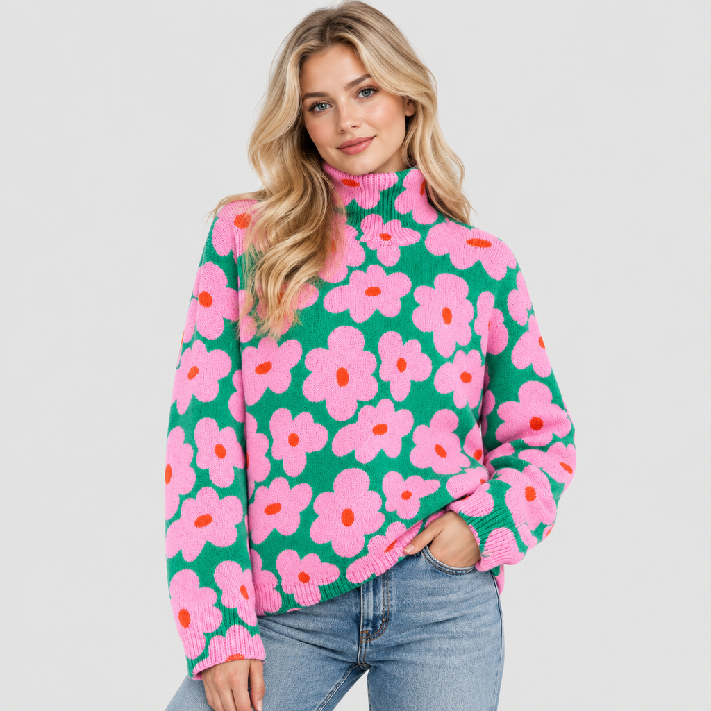 Blomsterprintet Rullekravesweater - Strikket i Pink og Grøn