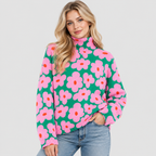 Blomsterprintet Rullekravesweater - Strikket i Pink og Grøn
