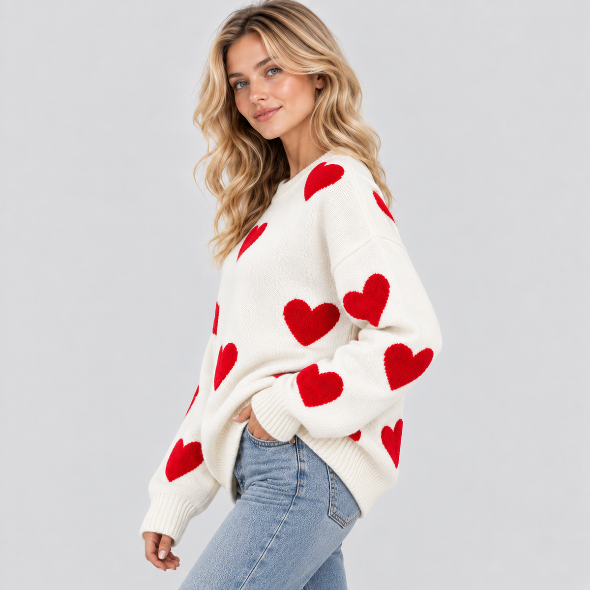 Hjertemønstret Sweater til Damer - Oversized V-Hals Strik