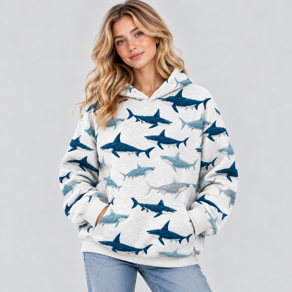 Hajprintet Hoodie til Damer - Oversized Strikpullover