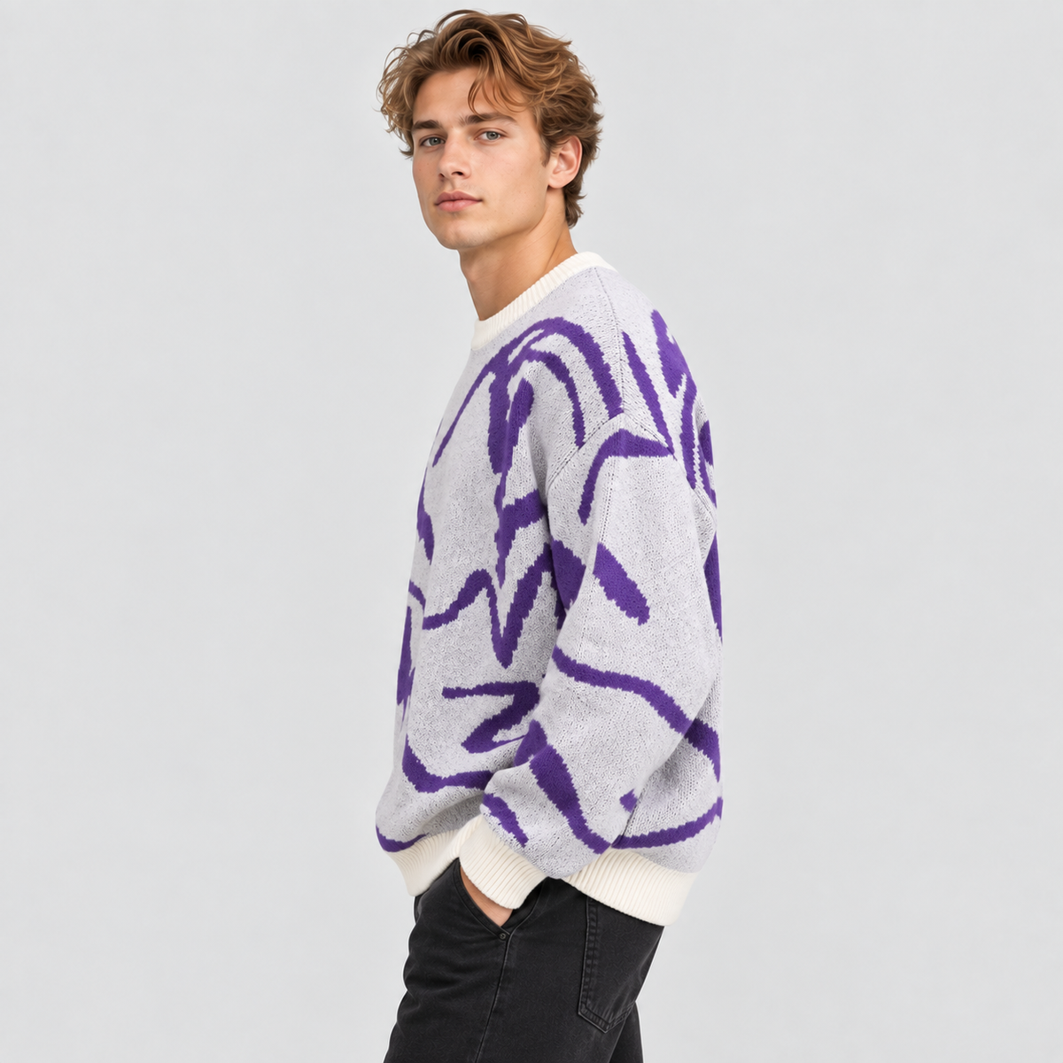 Graffiti Print Sweater til Herrer - Crew Neck Strik med Ribbede Manchetter