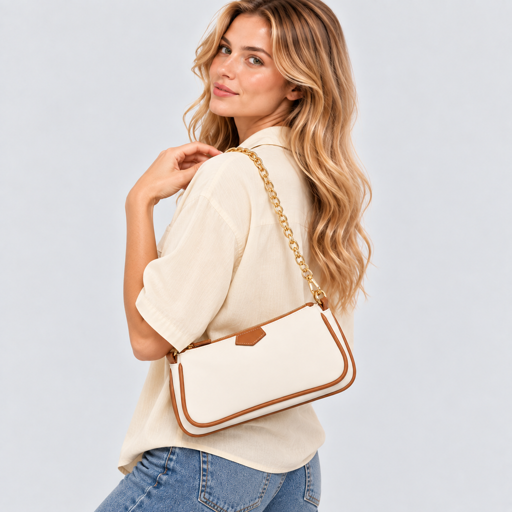 Tofarvet Crossbodytaske - Guldkæderem med Canvasrem