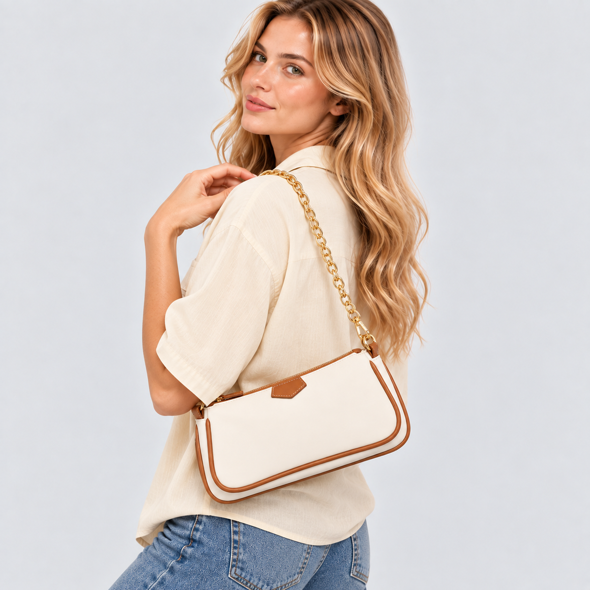 Tofarvet Crossbodytaske - Guldkæderem med Canvasrem