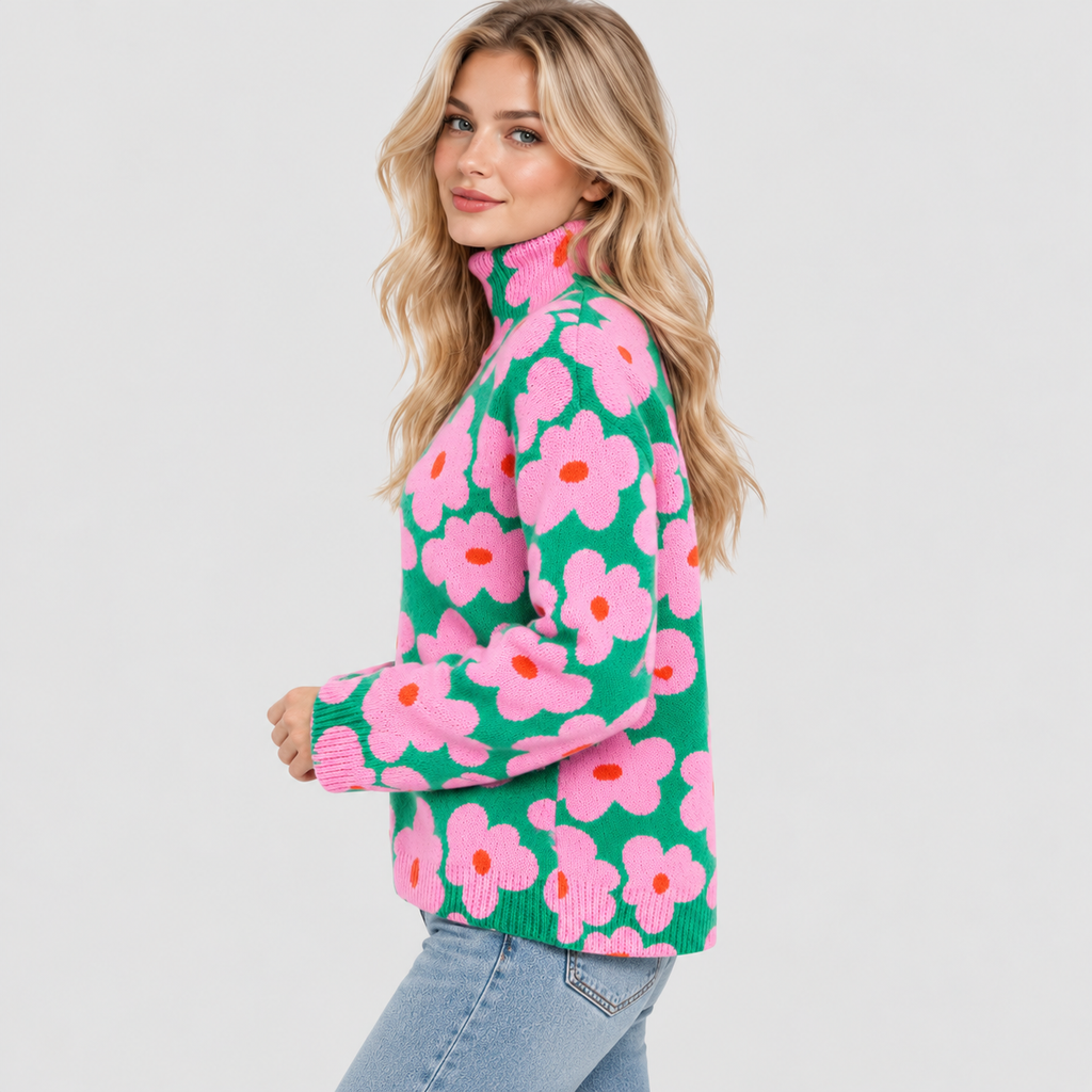 Blomsterprintet Rullekravesweater - Strikket i Pink og Grøn