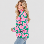 Blomsterprintet Rullekravesweater - Strikket i Pink og Grøn