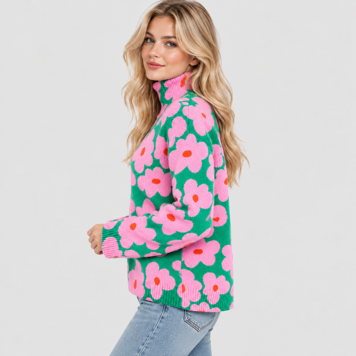 Blomsterprintet Rullekravesweater - Strikket i Pink og Grøn