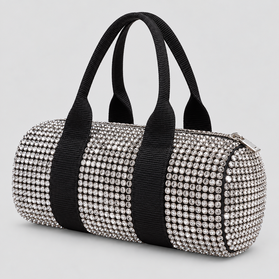 Hanekamsmønstret Barrel Bag til Damer - Cylindrisk Facon med Læderlook-Kant