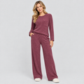 Dame Ribbet Loungesæt – Langærmet Vide Bukser Loungewear