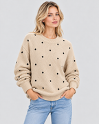 Strikket Sweater med Prikker til Damer - Rund Hals, Ribbede Manchetter