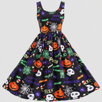 Halloween Swingkjole til Damer - Print med Græskar og Skelet i A-Linje