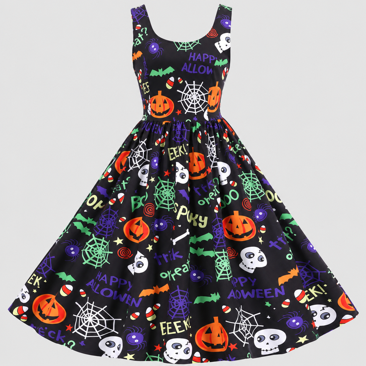 Halloween Swingkjole til Damer - Print med Græskar og Skelet i A-Linje