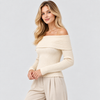 Off-Shoulder Sweater til Damer - Foldet Halsudskæring, Lange Ærmer