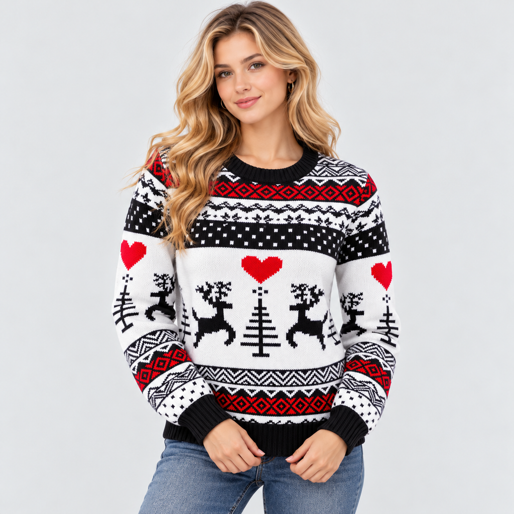 Julesweater med Rensdyr til Damer - Fair Isle Strik, Rund Hals