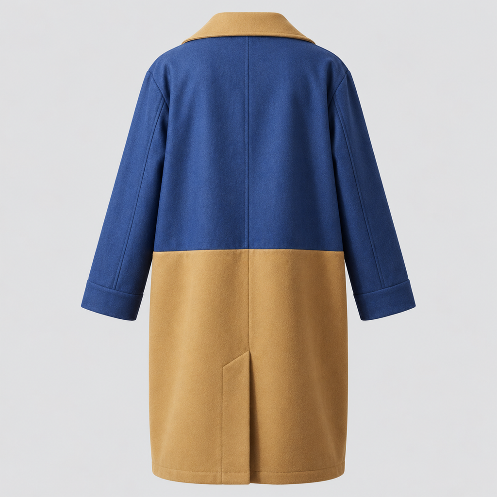 Lang Colorblock Frakke til Damer - Dobbeltradet, Denimlook Paneler
