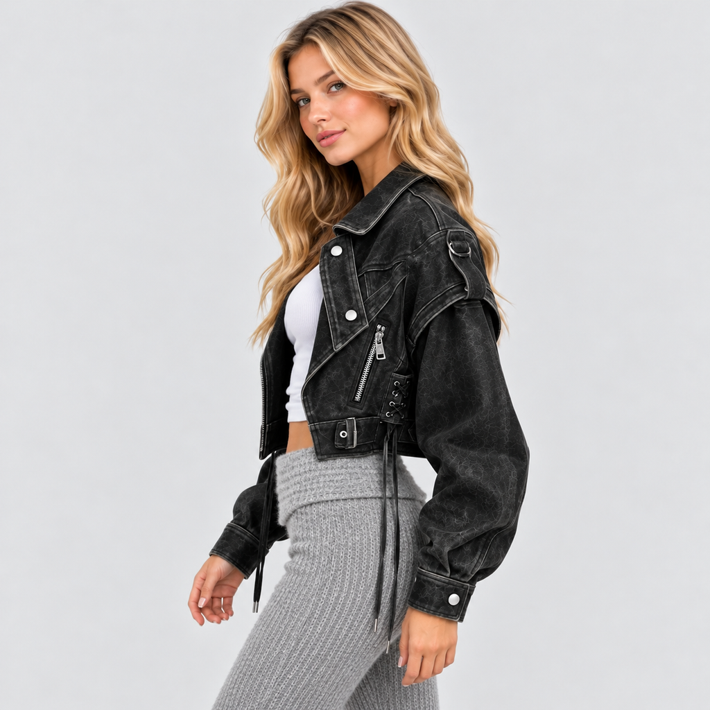 Cropped Biker-Jakke - Asymmetrisk Lynlås, Used-Look