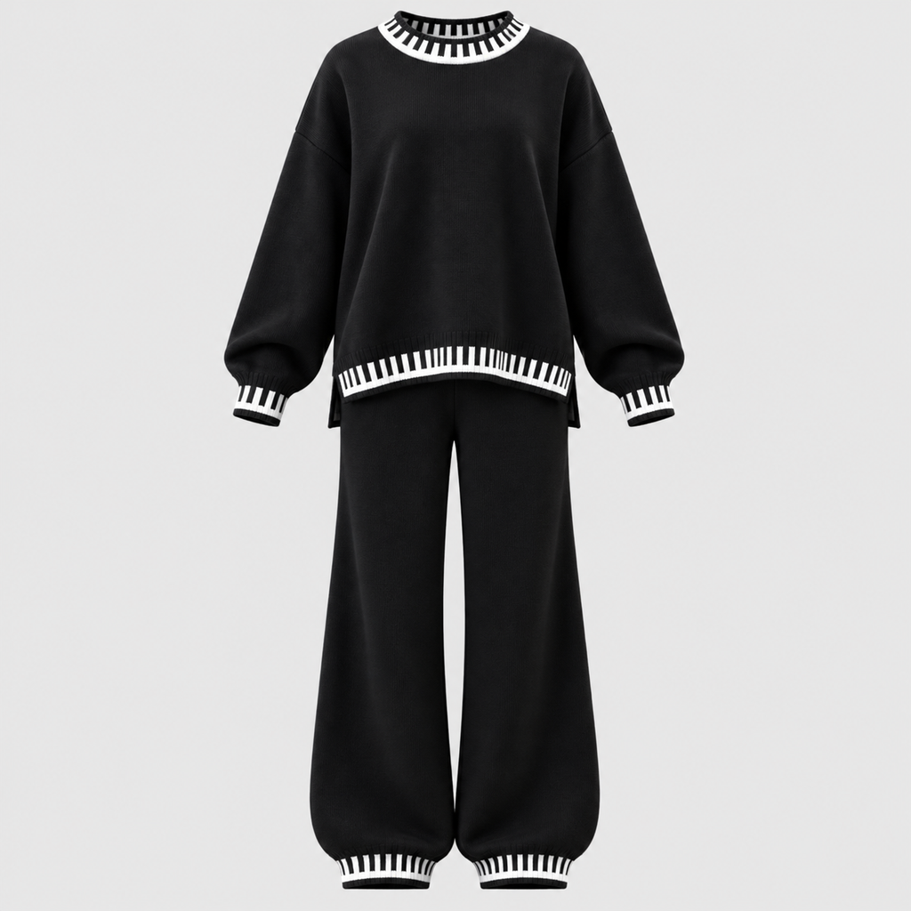 Matchende Strikket Sæt til Damer - Sweater med Rund Hals, Brede Bukser