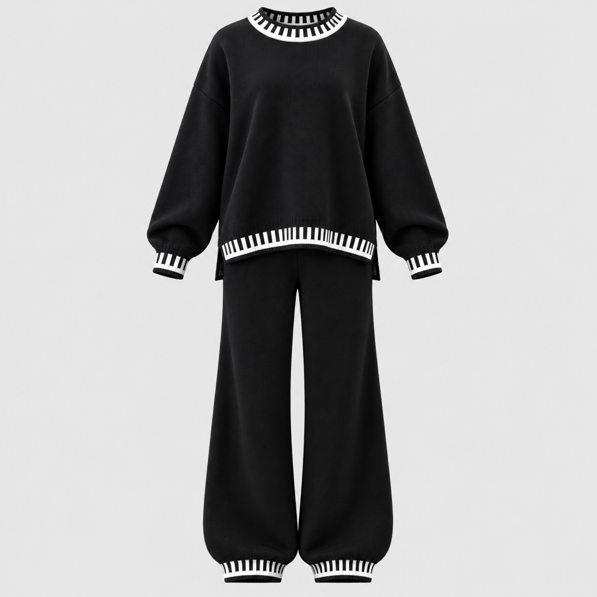Matchende Strikket Sæt til Damer - Sweater med Rund Hals, Brede Bukser