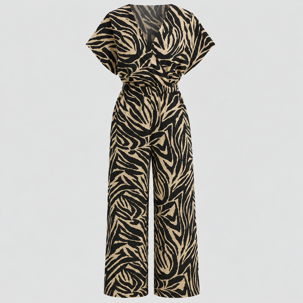 Panterprint Jumpsuit til Damer - Wrap V-Hals med Brede Ben