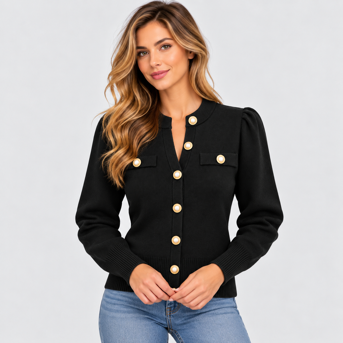 Cropped Strikket Cardigan til Damer - Guldknapper Foran, V-Hals