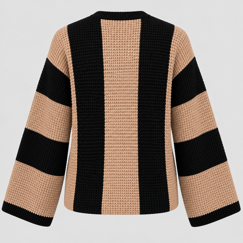 Stribet Sweater til Damer - Tan og Sort Blokstribet Strik