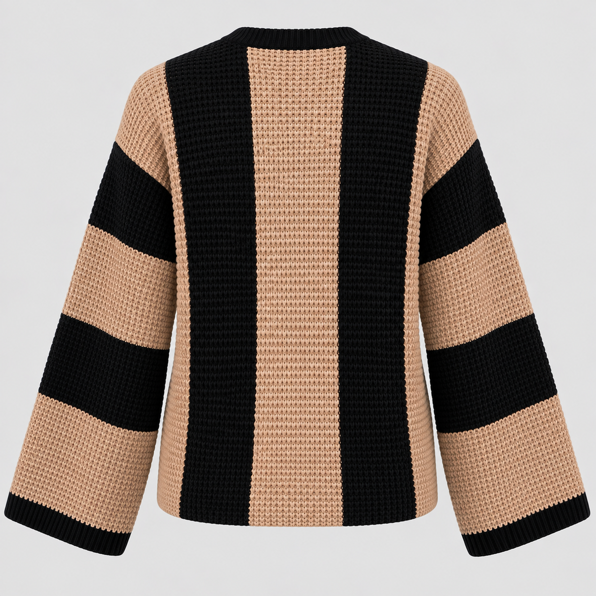 Stribet Sweater til Damer - Tan og Sort Blokstribet Strik