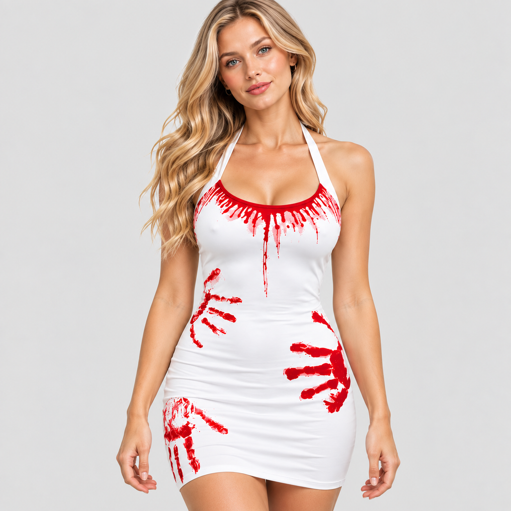 Kostumekjole med Blodige Håndaftryk til Damer - Halterhals til Halloween
