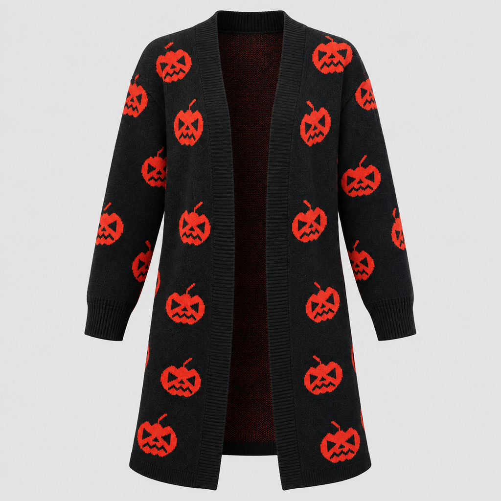Cardigan med Græskarprint til Damer - Lang Åben Halloween-Strik