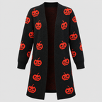 Cardigan med Græskarprint til Damer - Lang Åben Halloween-Strik