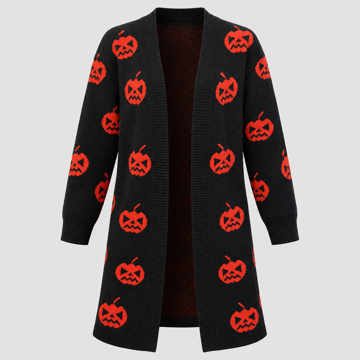 Cardigan med Græskarprint til Damer - Lang Åben Halloween-Strik