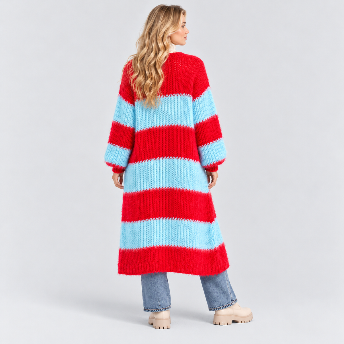 Stribet Cardigan til Damer - Åben Front, Lang Model