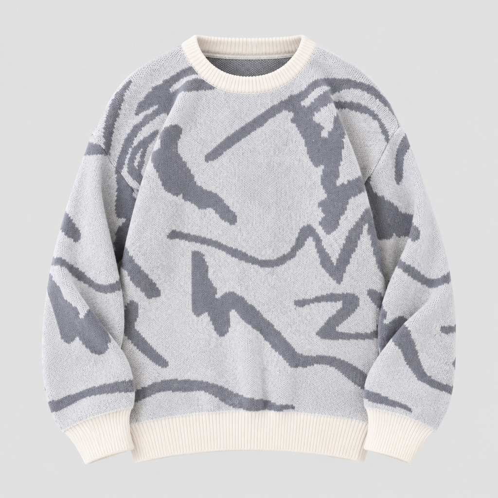 Graffiti Print Sweater til Herrer - Crew Neck Strik med Ribbede Manchetter