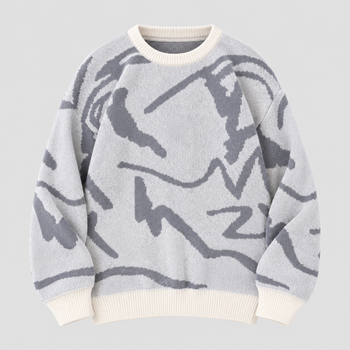 Graffiti Print Sweater til Herrer - Crew Neck Strik med Ribbede Manchetter
