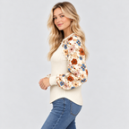 Ribstrikket Sweater til Damer - Lange Ærmer med Blomsterprint