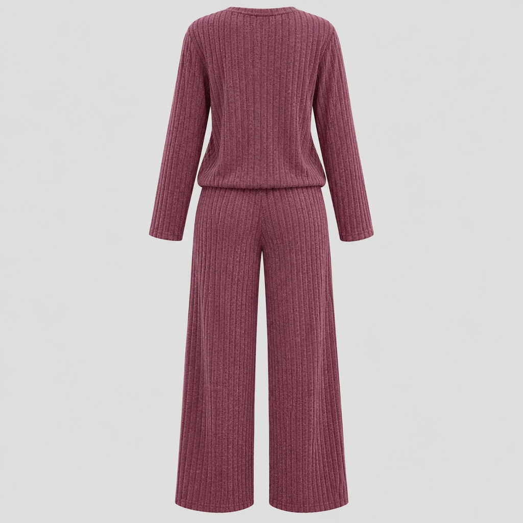 Dame Ribbet Loungesæt – Langærmet Vide Bukser Loungewear